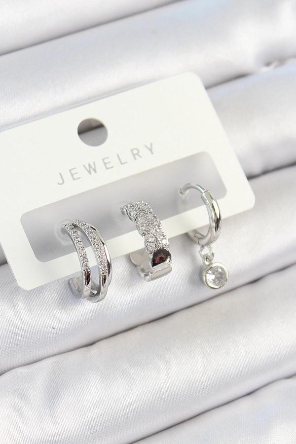 BFS Pirinç Zirkon Taşlı Halka Model Gümüş Renk 3'lü Çift Kadın Küpe Set - Image 1