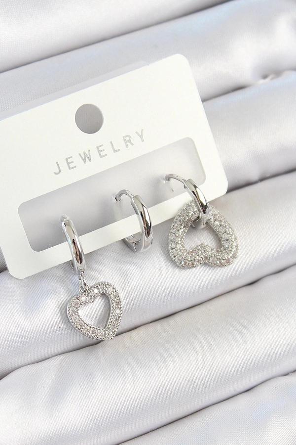 BFS Pirinç Zirkon Taşlı Kalp Model Gümüş Renk 3'lü Çift Kadın Küpe Set - Image 1