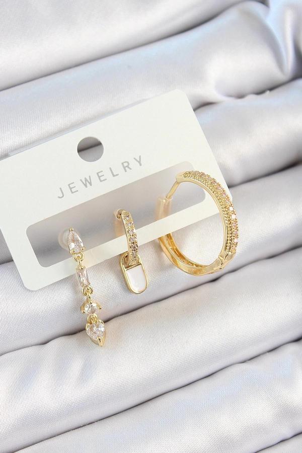 BFS Pirinç Zirkon Taşlı Sallantılı Model Gold Renk 3'lü Çift Kadın Küpe Set - Image 1
