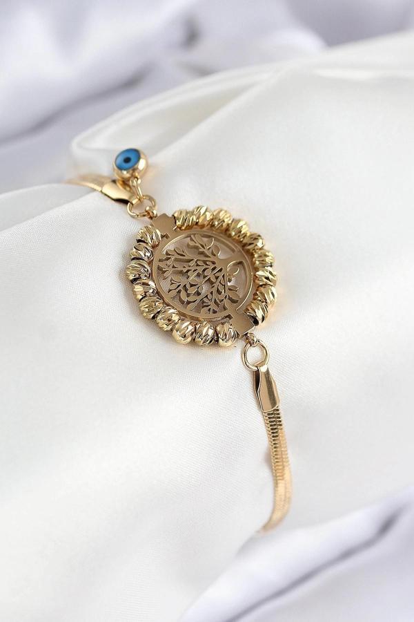 BFS 316L Çelik Nazar Boncuk Detaylı Hayat Ağacı Model İtalyan Zincir Gold Renk Kadın Bileklik - Image 1