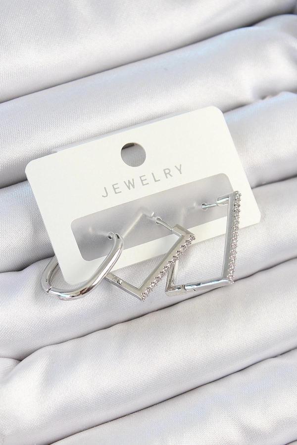 BFS Pirinç Zirkon Taşlı Dikdörtgen Model Gümüş Renk 3'lü Çift Kadın Küpe Set - Image 1