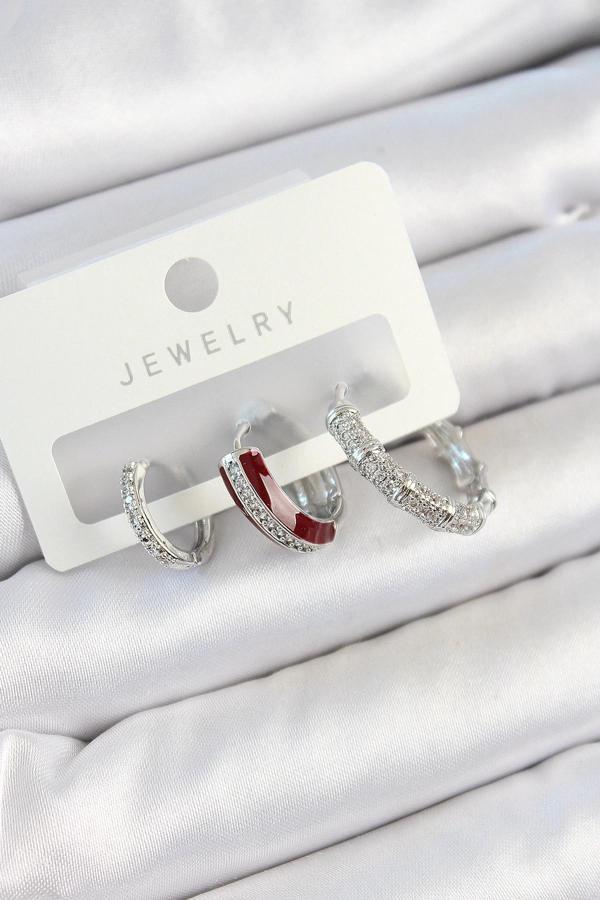 BFS Pirinç Zirkon Taşlı Bordo Pembe Halka Model Gümüş Renk 3'lü Çift Kadın Küpe Set - Image 1