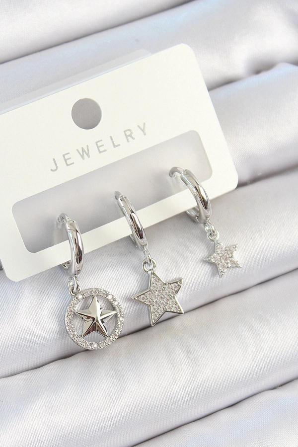 BFS Pirinç Zirkon Taşlı Yıldız Model Gümüş Renk 3'lü Çift Kadın Küpe Set - Image 1