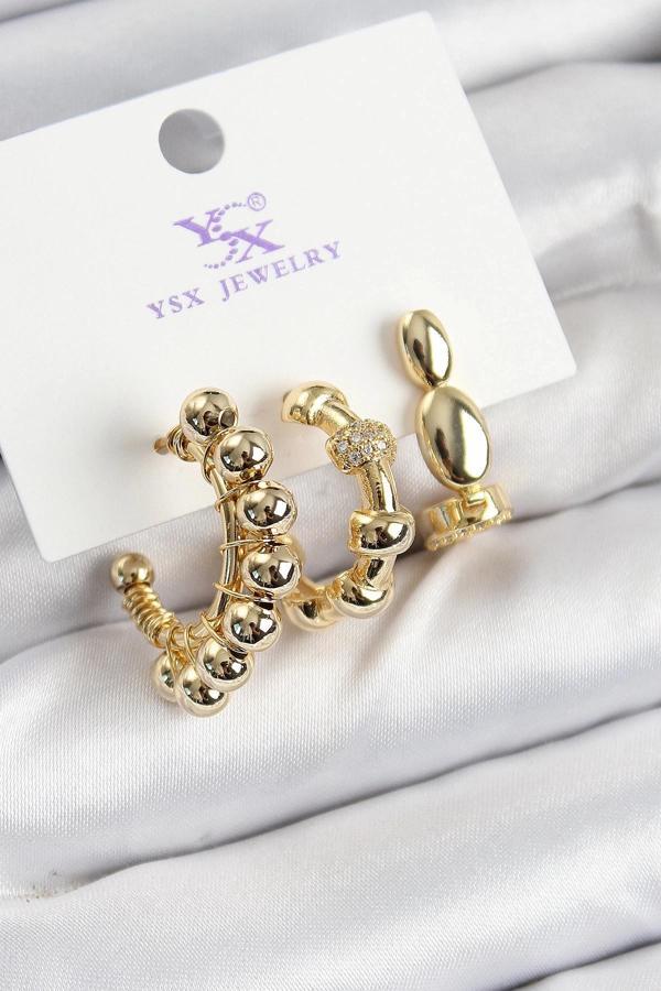 BFS Pirinç Zİrkon Taşlı Halka Model Gold Renk 3'lü Kadın Küpe - Image 1