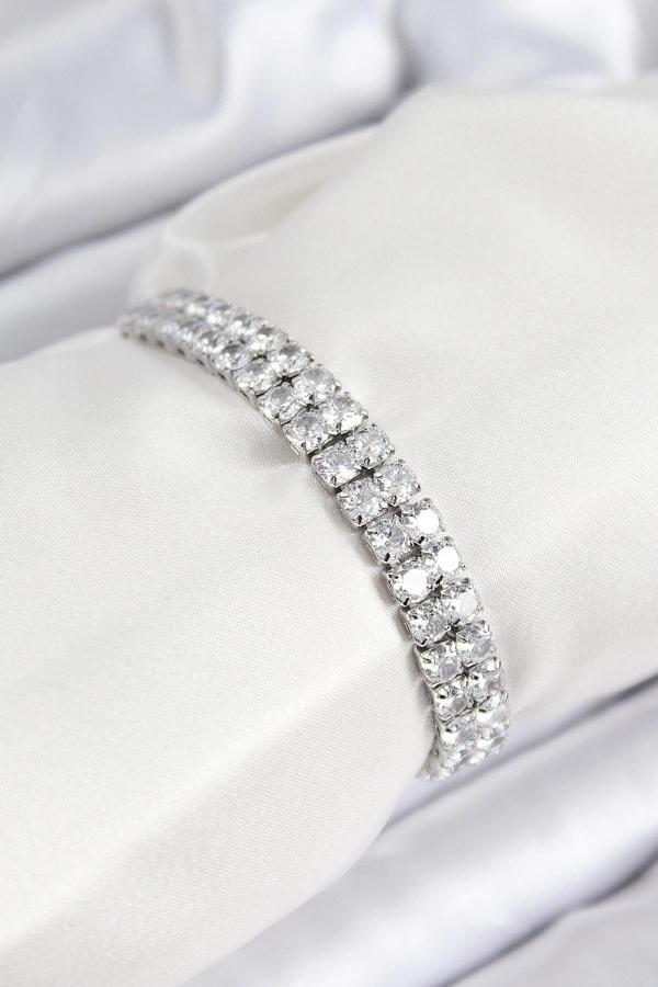 BFS Pirinç Zirkon Taşlı Çift Sıra Kare Model Gümüş Renk Asansörlü Kadın Bileklik - Image 1