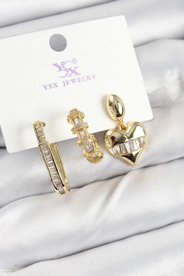 BFS Pirinç Zİrkon Taşlı Kalp Model Gold Renk 3'lü Kadın Küpe - Image 1