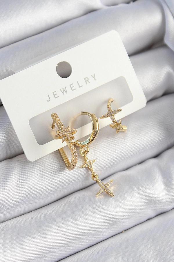 BFS Pirinç Zirkon Taşlı Yıldız Model Gold Renk 3'lü Çift Kadın Küpe Set - Image 1