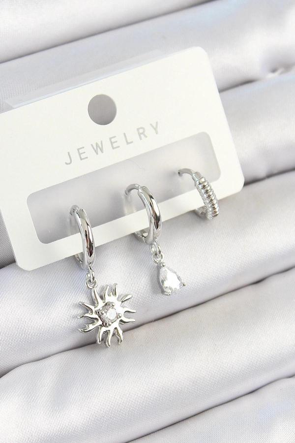 BFS Pirinç Zirkon Taşlı Güneş Model Gümüş Renk 3'lü Çift Kadın Küpe Set - Image 1