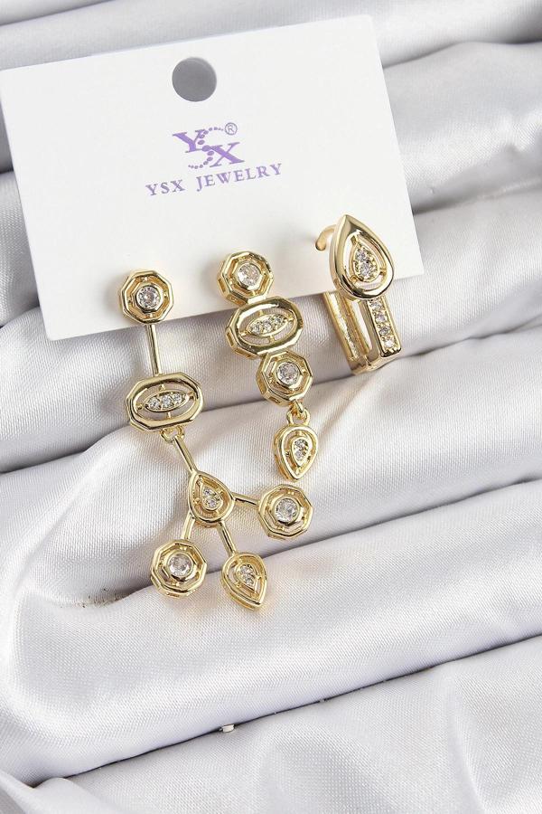 BFS Pirinç Zİrkon Taşlı Geometrik Model Gold Renk 3'lü Kadın Küpe - Image 1