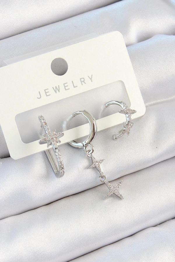 BFS Pirinç Zirkon Taşlı Kelebek Ve Sallantılı Yıldız Model Gümüş Renk 3'lü Çift Kadın Küpe Set - Image 1