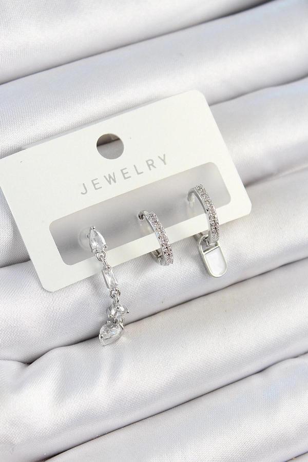 BFS Pirinç Zirkon Taşlı Sallantılı Model Gümüş Renk 3'lü Çift Kadın Küpe Set - Image 1