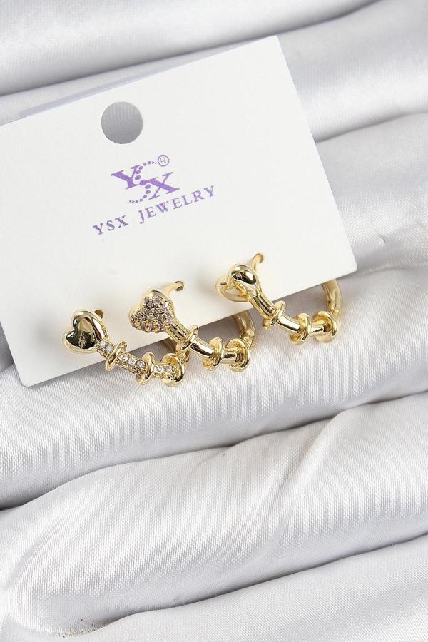 BFS Pirinç Zİrkon Taşlı Kalp Model Gold Renk 3'lü Kadın Küpe - Image 1