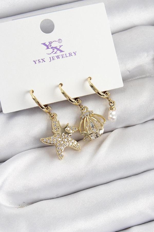 BFS Pirinç Zİrkon Taşlı Deniz Yıldızı Ve İstiridye Model Gold Renk 3'lü Kadın Küpe - Image 1