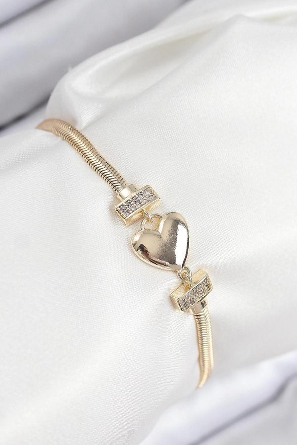 BFS Pirinç Zirkon Taşlı Kalp Model Gold Renk Kadın Bileklik - Image 1