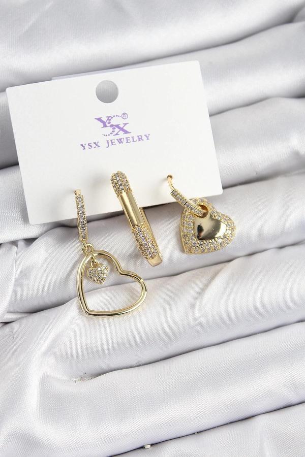 BFS Pirinç Zİrkon Taşlı Kalp Model Gold Renk 3'lü Kadın Küpe - Image 1