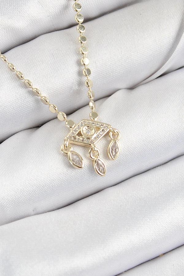 BFS Pirinç Zirkon Taşlı Sallantılı Göz Model Ezme Zincir Gold Renk Kadın Kolye - Image 1