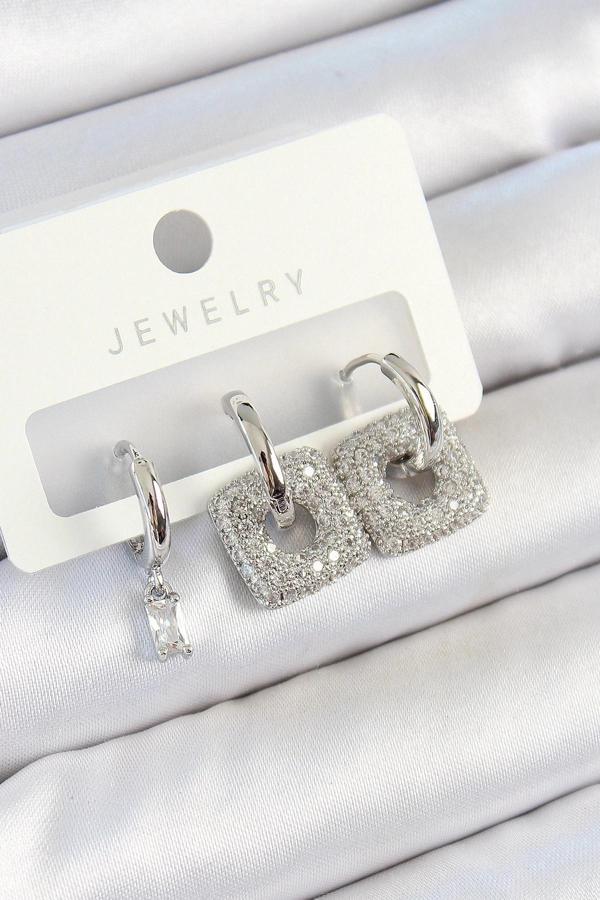 BFS Pirinç Zirkon Taşlı Kare Model Gümüş Renk 3'lü Çift Kadın Küpe Set - Image 1