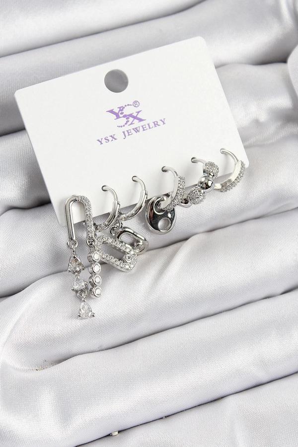 BFS Pirinç Zİrkon Taşlı Dikdörtgen Model Gümüş Renk 3'lü Çift Kadın Küpe - Image 1