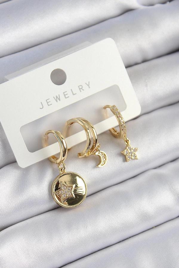 BFS Pirinç Zirkon Taşlı Yıldız Ve Ay Model Gold Renk 3'lü Çift Kadın Küpe Set - Image 1