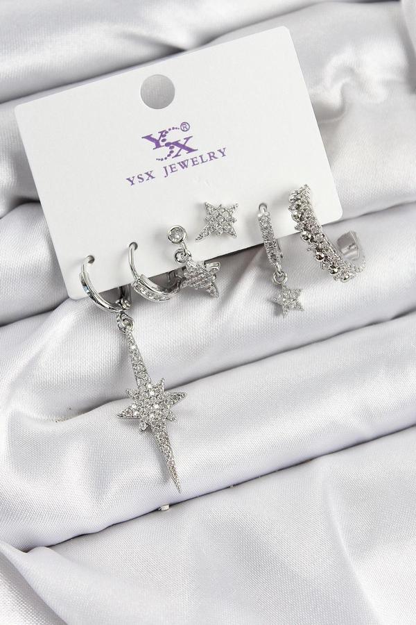 BFS Pirinç Zİrkon Taşlı Kutup Yıldızı Model Gümüş Renk 3'lü Çift Kadın Küpe - Image 1