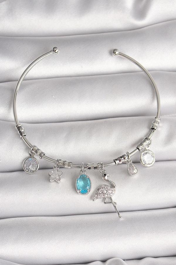 BFS Pirinç Gümüş Renk Sallantı Zirkon Taşlı Filaminga Figür Charm Kadın Bileklik - Image 1