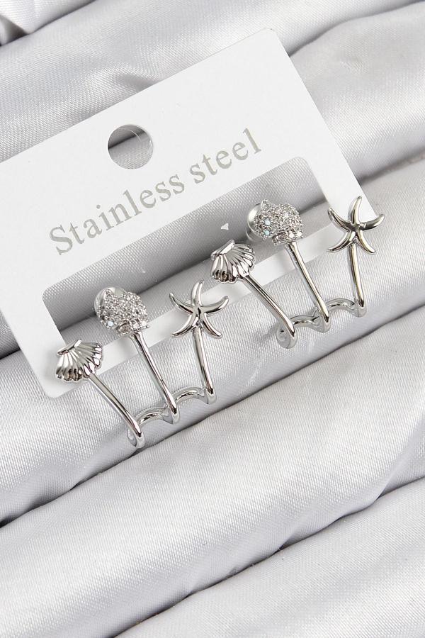 BFS Pirinç Zirkon Taşlı Deniz Yıldızı ve İstiridye Model Gümüş Renk Kadın Küpe - Image 1