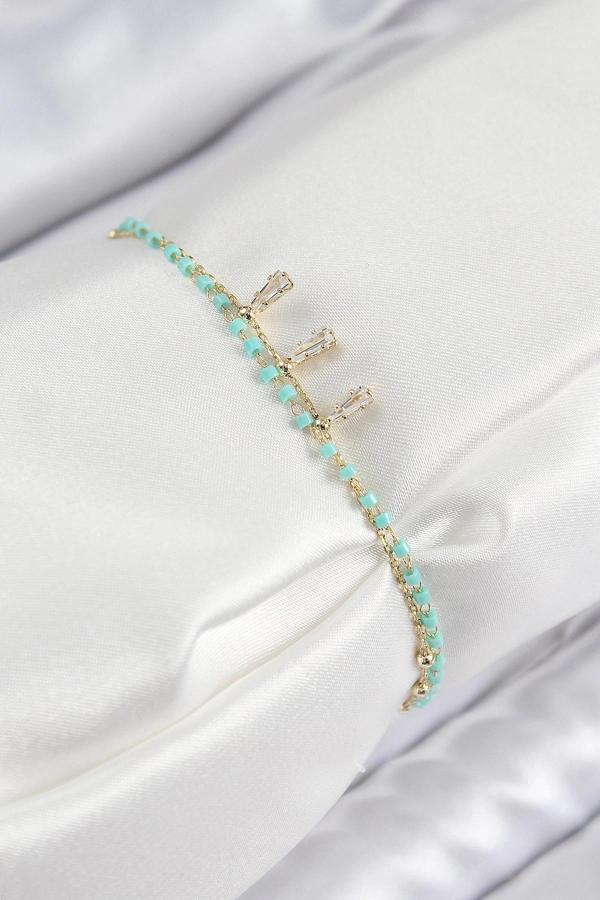 BFS Pirinç Zirkon Taşlı Mavi Boncuklu Model Gold Renk Kadın Bileklik - Image 1