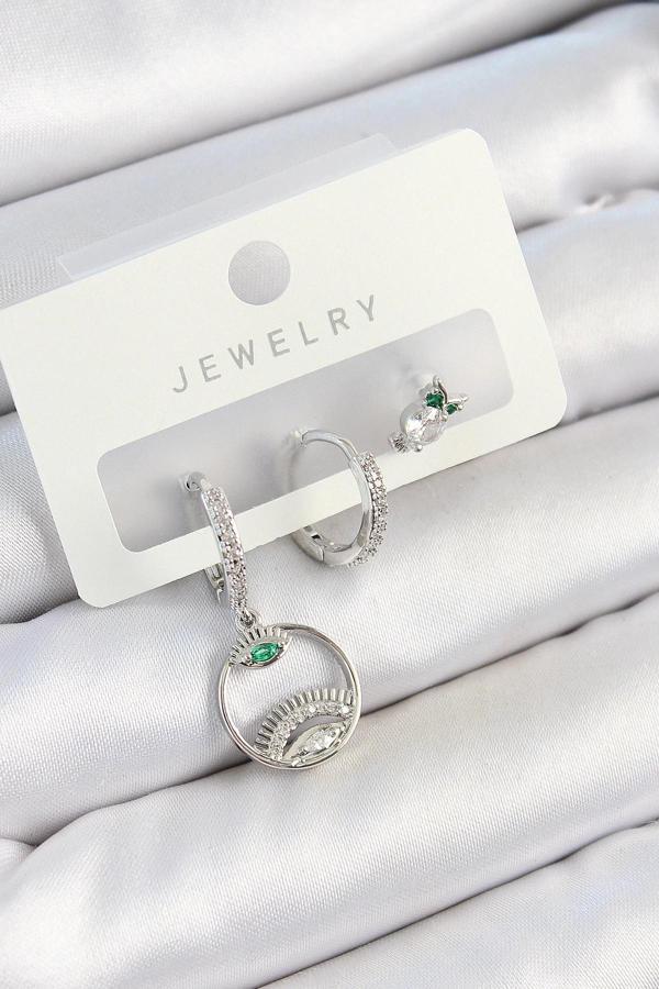 BFS Pirinç Zirkon Taşlı Göz Ve Baykuş Model Gümüş Renk 3'lü Çift Kadın Küpe Set - Image 1