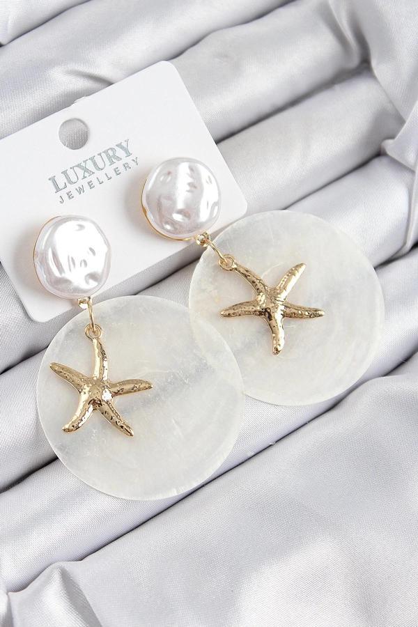 BFS Pirinç İncili Deniz Kabuğu Figürlü Sedef Model Gold Renk Kadın Küpe - Image 1