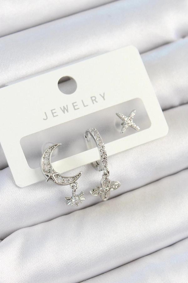 BFS Pirinç Zirkon Taşlı Çiçek Ve Ay Model Gümüş Renk 3'lü Çift Kadın Küpe Set - Image 1