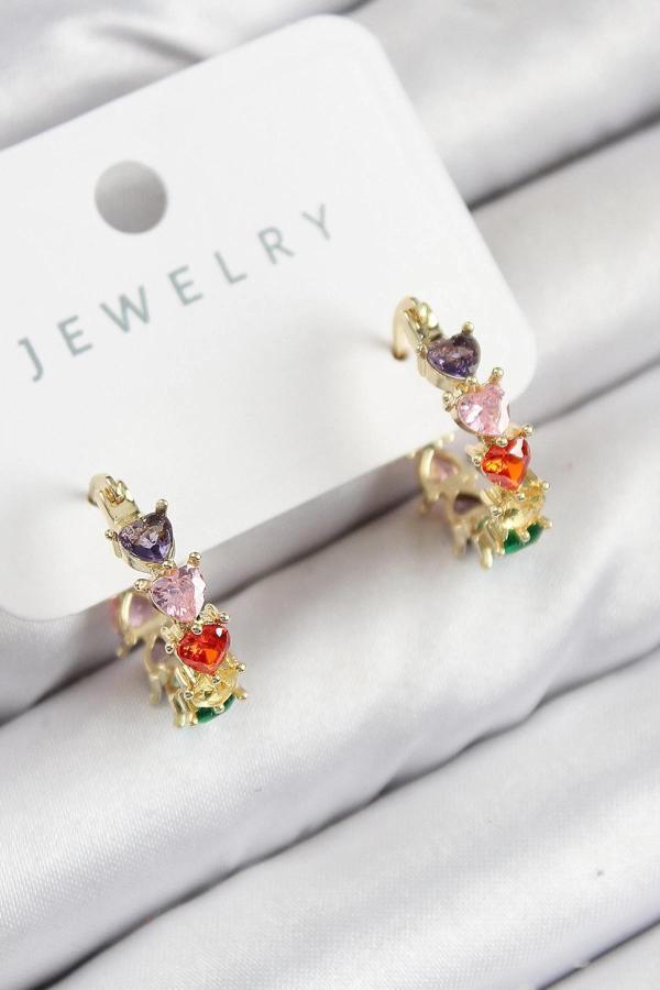 BFS Pirinç Zirkon Taşlı Kalp Model Gold Renk Kadın Küpe - Image 1