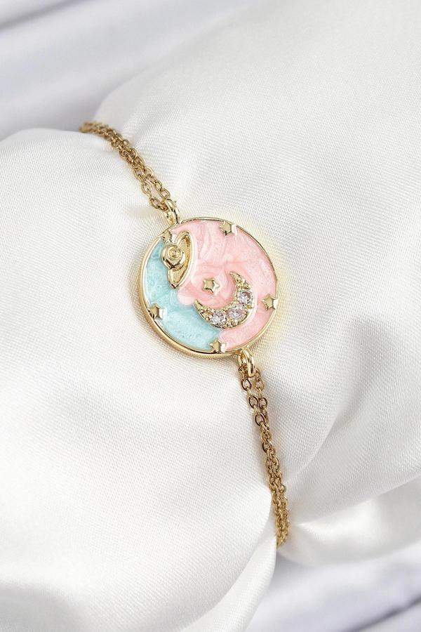 BFS 316L Çelik Zincir Mineli Sanatsal Portre Zirkon Taşlı Gezegen Model Gold Renk Kadın Bileklik - Image 1