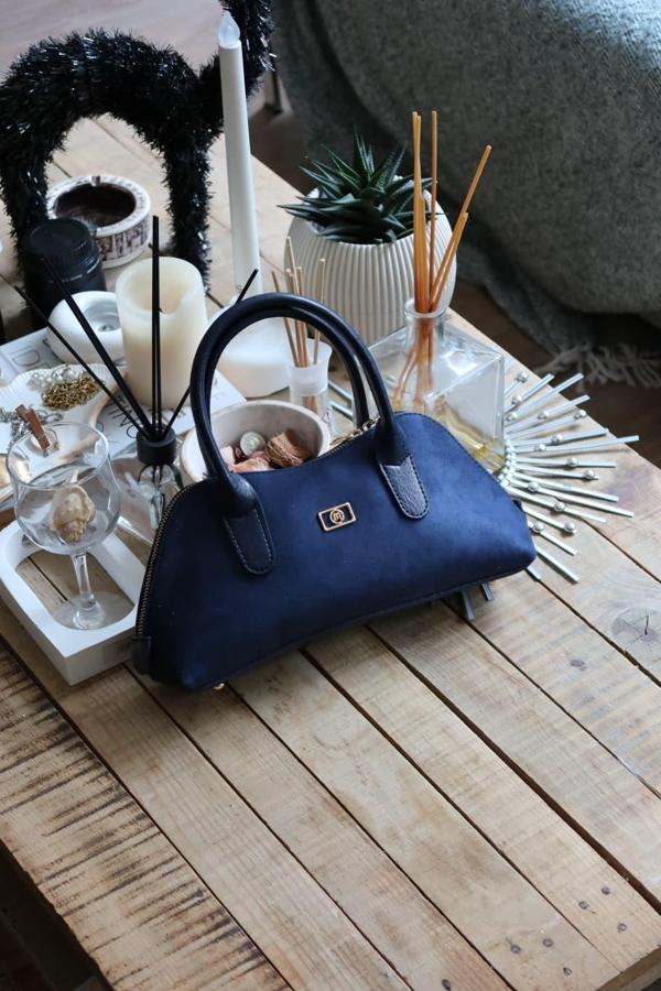 lacivert süet çift fermuar detaylı el omuz çantası - Image 1