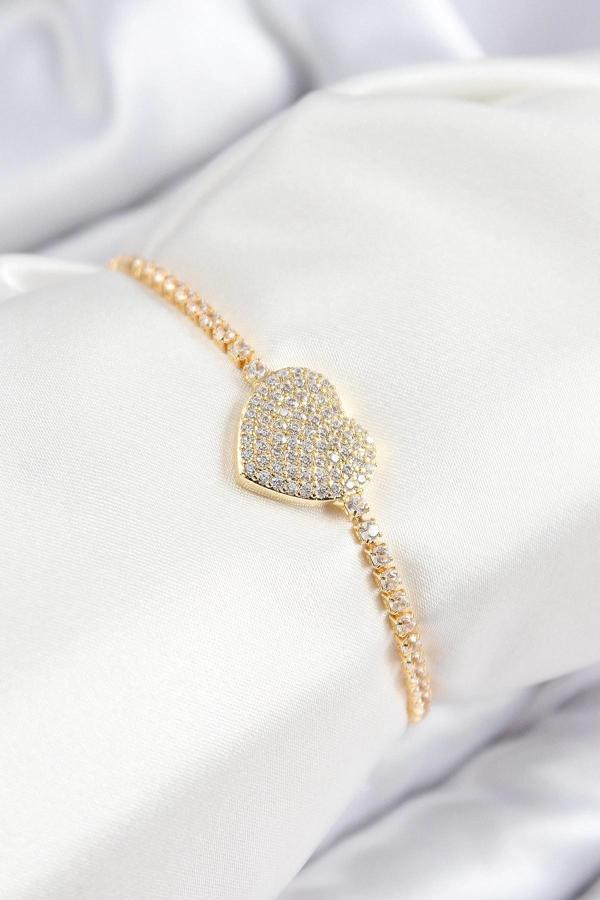 BFS Pirinç Zirkon Taşlı Kalp Model Gold Renk Asansörlü Kadın Bileklik - Image 1