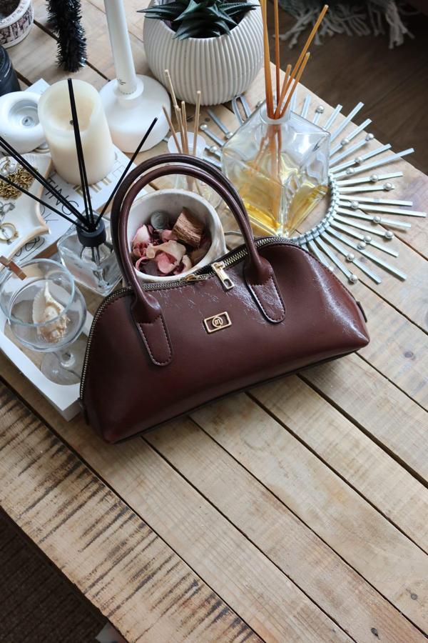 acı kahverengi parlak çift fermuar detaylı el omuz çantası - Image 1