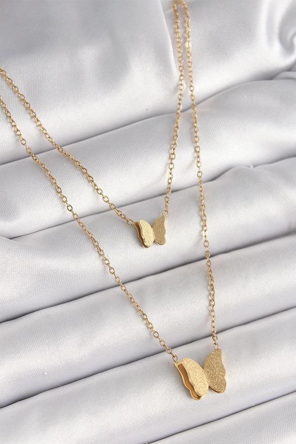 BFS 316L Çelik Gold Renk 2'Li Simli Kelebek Model Kadın Kolye - Image 1