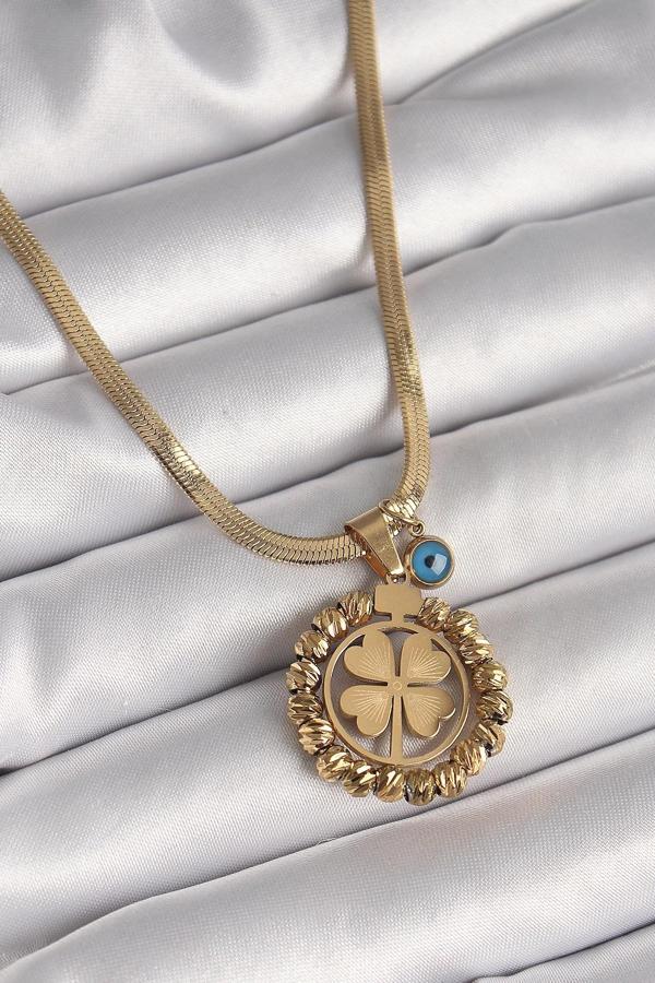 BFS 316L Çelik Gold Renk İtalyan Zincir Dorika Yonca Model Nazar Boncuk Detay Kadın Kolye - Image 1