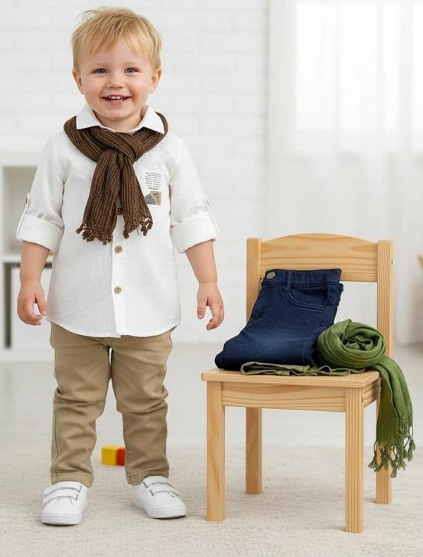 9-12-18-24 Ay Ve 3-4-5 Yaş Fularlı Pamuk Keten Gömlekli Pantolonlu 3lü Erkek Bebek Takımı Lacivert - Image 1