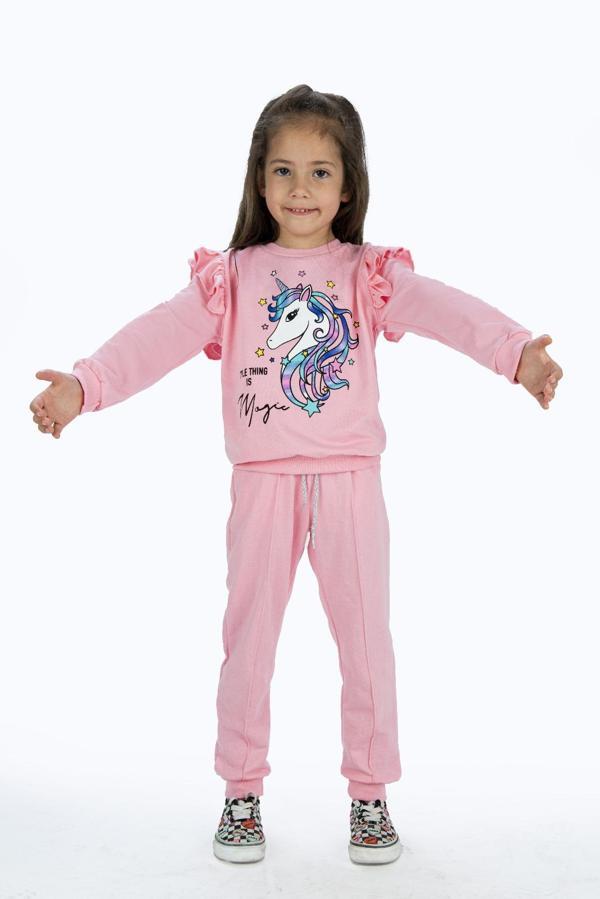 Kız Çocuk Atlı 2iplik Kumaş Eşofman Takımı MNK0427 PEMBE - Image 1