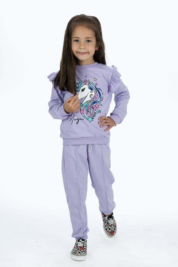 Kız Çocuk Atlı 2iplik Kumaş Eşofman Takımı MNK0427 LİLA - Image 1