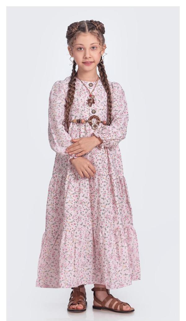 Müslin Kumaş Kız Çocuk Uzun Kol Tesettür Elbise M00705 AÇIK PEMBE - Image 1