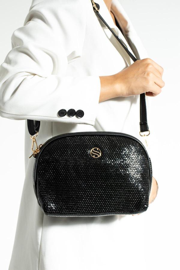 Kadın Çapraz Askılı 3 Gözlü Çift Metal Fermuarlı Gold Aksesuar Siyah Damla Omuz Çantası - Image 1