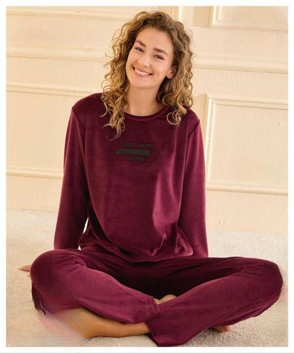 Mihra Kadın Kışlık Bisiklet Yaka Kadife Pijama Takımı 13166M - 1 Adet - Image 1