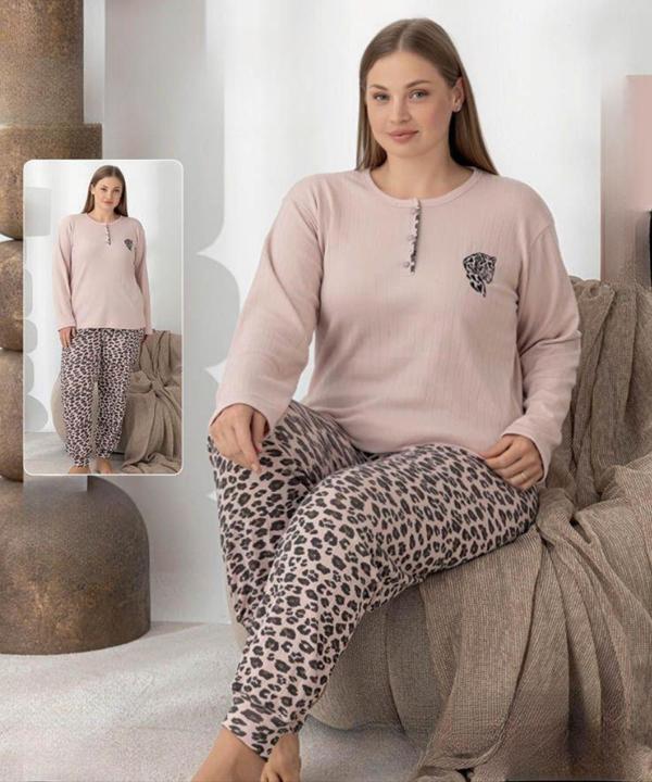 Lindros Kadın Pamuk'lu Düğme Yaka Raporlu İnterlok KIŞLIK Battal Pijama Takımı 0251 - 1 Adet  - Image 1