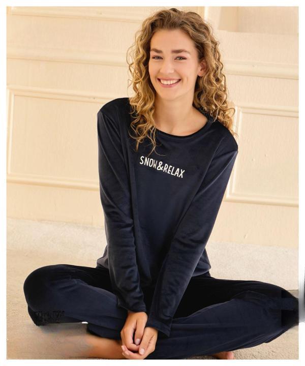 Mihra Kadın Kışlık Bisiklet Yaka Kadife Pijama Takımı 13164L - 1 Adet - Image 1