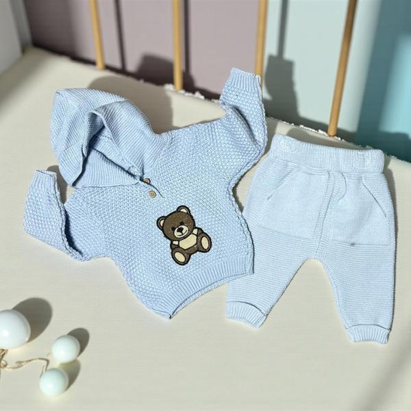 KAPÜŞONLU AYI NAKIŞLI TRİKO ALT ÜST TAKIM - ANG1010-Mavi-9 - 12 Ay Mavi - Image 1