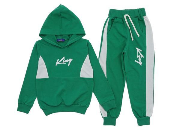 KING BASKILI KAPÜŞONLU İKİ İPLİK ŞARDONSUZ EŞOFMAN TAKIM - Yeşil - 4 Yaş - ATA30391.0-Yeşil-4 Yaş Yeşil - Image 1