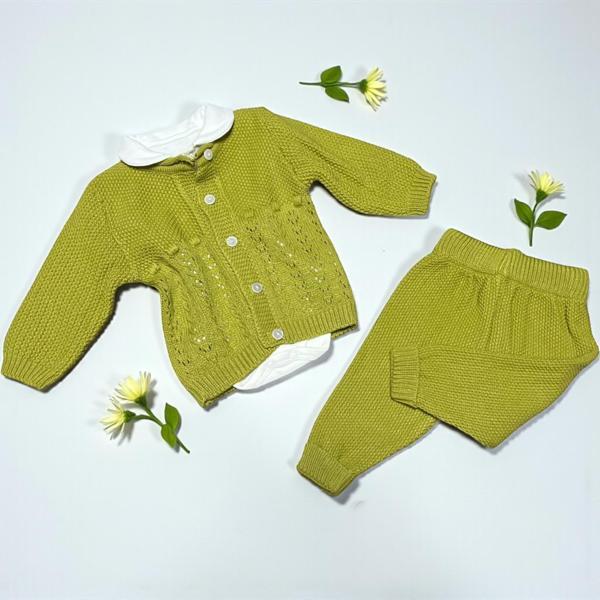 BEBE YAKA BODYLİ DOKULU ÖRGÜ TRİKO ÜÇLÜ ALT ÜST TAKIM - ANG1616-Fıstık Yeşili-6 - 9 Ay Fıstık Yeşili - Image 1