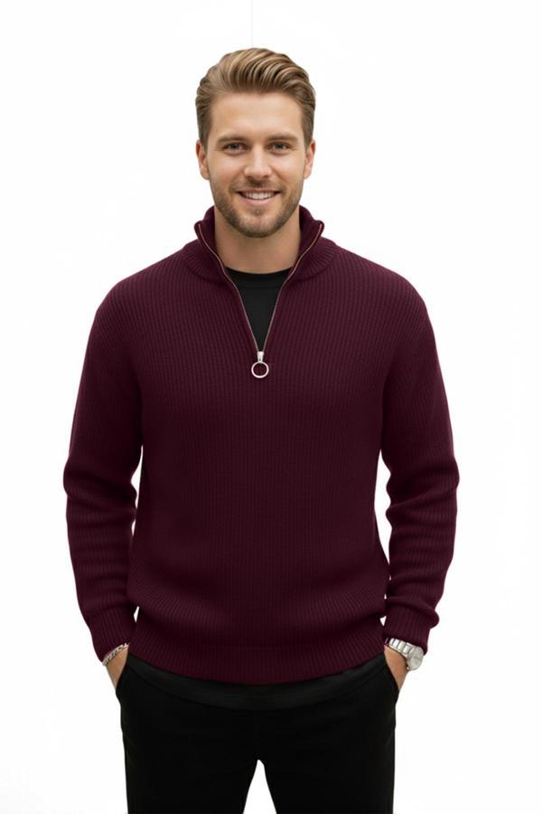 DeepSEA Erkek Bordo Yarım Fermuarlı Oversize Kesim Triko Kazak – %100 Pamuk, Yumuşak Dokulu Örgü Kazak 2608511 - Image 1