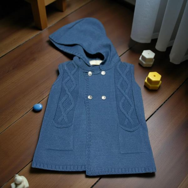 KAPÜŞONLU ÇİFT DÜĞME DETAYLI TRİKO YELEK - LY3008-İndigo-6 - 9 Ay İndigo - Image 1